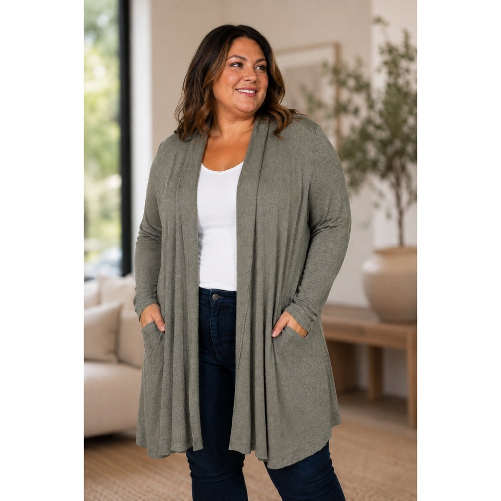 Leith Open Front Shawl Collar Longline Cardigan Sweater Quiet Luxury XXL Green